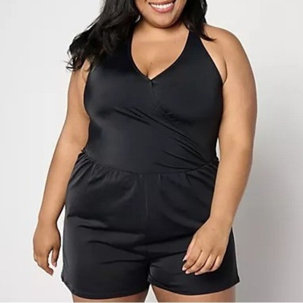 Denim & Co Womens Plus 16 Black Beach Faux Wrap Tank Swim Romper A634813